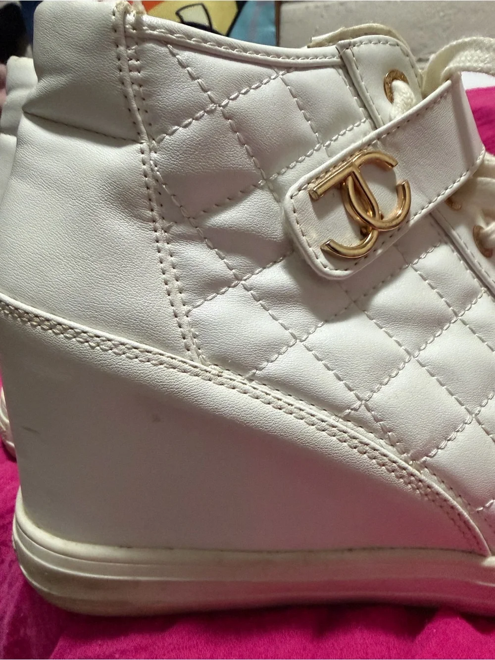 Juicy Couture White Quilted High-Top Wedge Sneakers with Gold Hardware